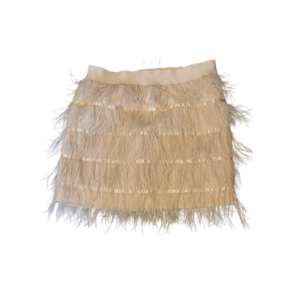 Akira Feather Mini Skirt Womens Size M Ostrich Feather Blush Tan Satin Trim